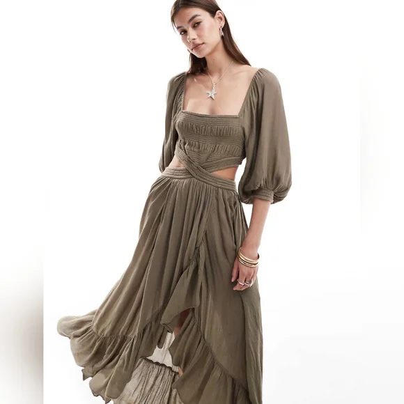 Free People-NWOT Cross My Heart Taupe balloon sleeve maxi dress - Picture 3 of 8